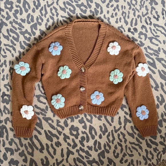 Cider Sweaters - Cider Brown Cropped Floral Appliqué Cardigan